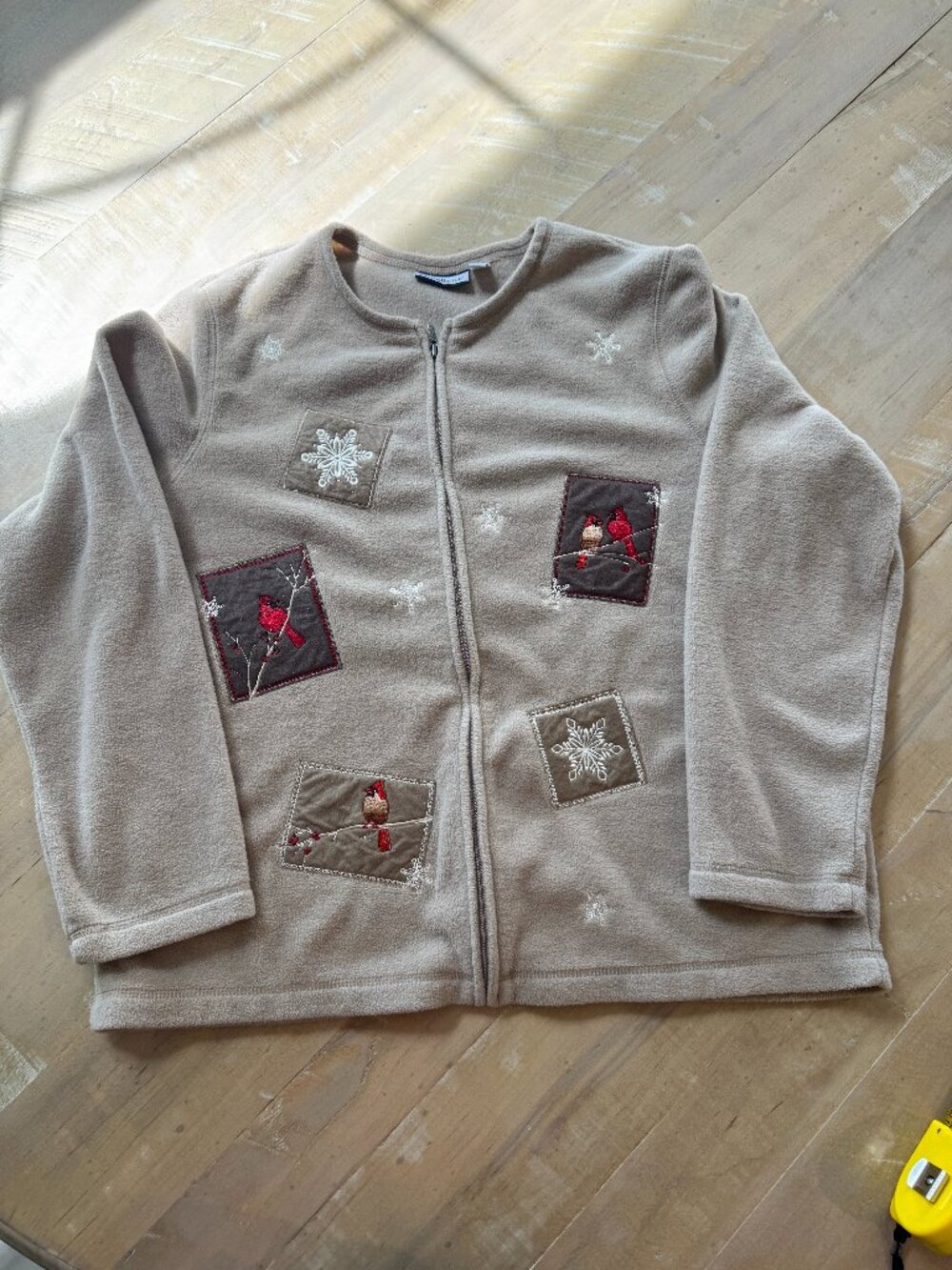 Vintage Cardinal Fleece Jacket | Tan Zip Up Embroidered Winter Sweater